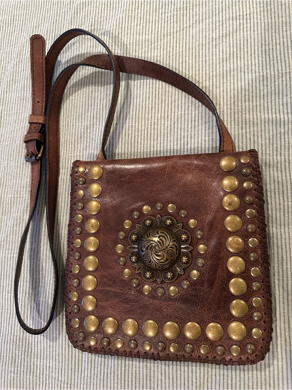 Brown Leather Studded Crossbody Bag